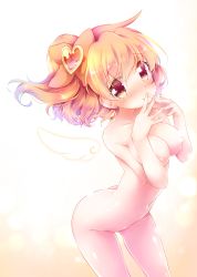 Rule 34 | 00s, 1girl, absurdres, arched back, blonde hair, blush, breasts, cowboy shot, cure pine, earrings, eyebrows, fresh precure!, hair ornament, heart, heart hair ornament, highres, jewelry, kofa (ikyurima), looking at viewer, medium breasts, navel, nose blush, nude, precure, short hair, side ponytail, smile, solo, yamabuki inori, yellow eyes