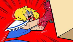 Rule 34 | 1girl, alice margatroid, blonde hair, blood, blood on hands, blue dress, blue eyes, capelet, commentary request, cookie (touhou), dress, emphasis lines, highres, open mouth, parody request, red background, red sash, sash, shiny skin, shitsumin, shouting, solo, sweat, tongue, tongue out, touhou, upper body, web (cookie), white capelet