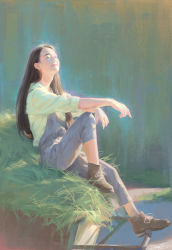 Rule 34 | 1girl, 2017, ankle boots, black hair, blurry, boots, closed eye, dannis, dated, depth of field, closed eyes, faux traditional media, grass, happy, highres, lips, long hair, looking up, original, outdoors, overalls, pond, realistic, signature, sitting, sleeves rolled up, smile, solo, water