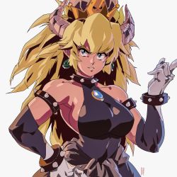 Rule 34 | 1girl, black dress, blonde hair, bowsette, bracelet, breasts, collar, collarbone, covered navel, david liu, dress, fang, gloves, highres, jewelry, large breasts, looking at viewer, mario (series), new super mario bros. u deluxe, nintendo, ponytail, sleeveless, sleeveless dress, spiked bracelet, spiked collar, spikes, super crown, toned, upper body
