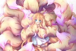 Rule 34 | 1girl, :d, absurdly long hair, absurdres, animal ear fluff, animal ears, blue eyes, dress, fang, fluffy, fox ears, fox girl, fox tail, full body, highres, holding own tail, huge filesize, komuginyan, light brown hair, long hair, long sleeves, looking at viewer, multicolored tail, open mouth, original, pink tail, skin fang, smile, solo, tail, too much fluff, very long hair