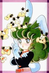 Rule 34 | 1980s (style), 1girl, animal ears, azuma hideo, buratto bunny, creature, curly hair, green hair, long hair, non-web source, official art, oldschool, open mouth, rabbit ears, rabbit girl, rabbit tail, retro artstyle, solo, tail, traditional media, upper body