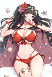 Rule 34 | 1girl, absurdres, bikini, black hair, breasts, cape, commentary, fire emblem, fire emblem awakening, fire emblem heroes, flower, flower bracelet, gluteal fold, gonzarez, grin, hair flower, hair ornament, highres, large breasts, long hair, looking at viewer, nintendo, o-ring, o-ring bikini, official alternate costume, parted lips, purple eyes, red bikini, red flower, shell, smile, solo, swimsuit, tharja (fire emblem), tharja (summer) (fire emblem), underboob