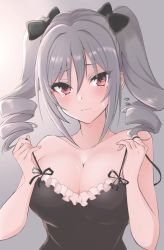 Rule 34 | 1girl, argule0901, bare shoulders, black camisole, blush, breasts, camisole, cleavage, collarbone, drill hair, flying sweatdrops, grey hair, hair between eyes, head tilt, highres, idolmaster, idolmaster cinderella girls, kanzaki ranko, lace-trimmed camisole, lace trim, large breasts, long hair, looking at viewer, off shoulder, red eyes, ribbon, simple background, solo, sweatdrop, tears, twin drills, twintails, upper body, wavy mouth