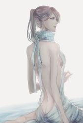 Rule 34 | 1girl, ass, back, bloodborne, blue eyes, breasts, highres, iosefka, itsuki (itsukiovo), lips, long hair, looking at viewer, meme attire, ponytail, silver hair, simple background, solo, virgin killer sweater, white background
