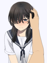 Rule 34 | 1girl, black hair, blue ribbon, blue sailor collar, blush, closed mouth, collarbone, fingernails, grey background, hair over one eye, hair tie, hand on another&#039;s head, long hair, looking at viewer, low twintails, mattaku mousuke, neck ribbon, nose blush, original, out of frame, ribbon, sailor collar, school uniform, serafuku, shirt, short sleeves, simple background, solo focus, twintails, upper body, wavy mouth, white shirt