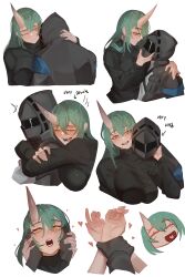 Rule 34 | 1boy, 1girl, absurdres, arknights, black gloves, breasts, commentary, doctor (arknights), english commentary, english text, gloves, green hair, hand on another&#039;s cheek, hand on another&#039;s face, heart, hetero, highres, hood, hooded jacket, horns, hoshiguma (arknights), hug, jacket, long hair, mask, najashi, open mouth, simple background, single horn, skin-covered horns, teeth, white background, yellow eyes