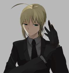 Rule 34 | 00s, 1girl, adjusting clothes, ahoge, androgynous, artist request, artoria pendragon (all), artoria pendragon (fate), blonde hair, fate/stay night, fate/zero, fate (series), female focus, formal, frown, gloves, green eyes, necktie, pant suit, pants, reverse trap, saber (fate), short hair, simple background, solo, suit