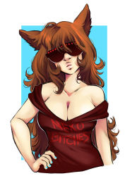 Rule 34 | 1girl, animal ears, bare shoulders, blue nails, bramblefix, breasts, brown hair, cat ears, cleavage, clothes writing, commentary, curly hair, dress, english commentary, hand on own hip, head tilt, highres, large breasts, long hair, nail polish, no bra, off-shoulder dress, off shoulder, original, outside border, profanity, red-tinted eyewear, red-tinted glasses, rimless eyewear, simple background, solo, sunglasses, tinted eyewear, very long hair