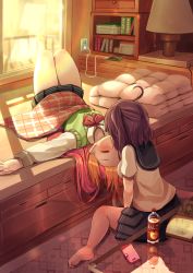 Rule 34 | 2girls, absurdres, ahoge, blush, book, charger, closed eyes, commentary request, electrical outlet, highres, indoors, kiss, knees up, lamp, multiple girls, open book, orange hair, original, phone, purple hair, reflection, sunset, upside-down kiss, wanashi tam, window, yuri
