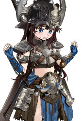 Rule 34 | 1girl, armor, blue eyes, blush, brown hair, copyright request, cowboy shot, elisia valfelto, fingerless gloves, gloves, helmet, highres, long hair, looking down, luicent, open mouth, original, shoulder armor, simple background, solo, sweatdrop, sword, weapon, weapon on back, white background