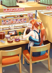 Rule 34 | 1girl, chair, chopsticks, closed eyes, conveyor belt sushi, eating, food, ge xi, hair ornament, hair scrunchie, indoors, lien ai-chiang, long hair, orange hair, plate, ponytail, sandals, scrunchie, sitting, solo, sushi, witches in 7th base