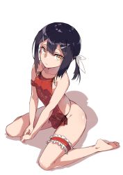 Rule 34 | 1girl, armlet, backless outfit, bare arms, bare back, bare legs, bare shoulders, barefoot, black hair, black ribbon, collarbone, fate/kaleid liner prisma illya, fate (series), flat chest, frills, from above, full body, hair ornament, hairclip, bridal garter, looking at viewer, looking up, low ponytail, miyu edelfelt, nightmaremk2, own hands together, ribbon, short hair, short ponytail, sidelocks, sitting, soles, solo, thighs, toes, tsurime, v arms, wariza, yellow eyes