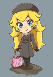 Rule 34 | 1girl, beret, black gloves, black pantyhose, blonde hair, blue background, blue eyes, bow, bowtie, buttons, chibi, closed mouth, coat, earrings, eyebrows, full body, gem, gloves, grey coat, grey footwear, grey hat, hat, highres, jewelry, legs together, long hair, long sleeves, mario (series), nintendo, pantyhose, princess peach, princess peach (wintertime), shoes, simple background, smile, solo, standing, super mario odyssey, yokoyoko (nazonazo)