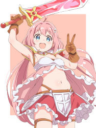 Rule 34 | 1girl, :d, arm up, armor, armpits, babydoll, blue eyes, blush, breasts, brown gloves, cowboy shot, crystal sword, endro!, faulds, flower, frilled skirt, frills, gloves, hair flower, hair ornament, hairclip, highres, holding, holding sword, holding weapon, karahai (31448823), long hair, looking at viewer, low twintails, navel, open mouth, pauldrons, pink background, pink hair, red skirt, shoulder armor, simple background, skirt, small breasts, smile, solo, stomach, sword, tareme, thigh strap, twintails, v, very long hair, weapon, yuria shardet