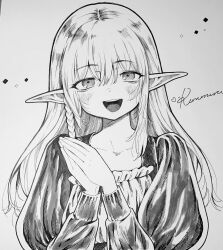 Rule 34 | 1girl, blush, braid, dress, elf, greyscale, highres, kanimura ebio, long hair, long sleeves, looking at viewer, monochrome, open mouth, original, own hands together, pointy ears, shikishi, side braid, signature, simple background, smile, solo, traditional media, upper body