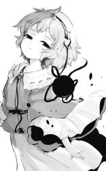 Rule 34 | 1girl, arms at sides, blouse, buttons, collarbone, cowboy shot, disgust, frilled shirt collar, frilled sleeves, frills, frown, greyscale, hair ornament, hairband, half-closed eyes, head back, heart, heart hair ornament, highres, komeiji satori, long sleeves, looking at viewer, monochrome, parted lips, ribbon trim, shirt, short hair, skirt, solo, third eye, touhou, wide sleeves, yukihiko (sky sleep)