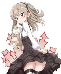 Rule 34 | 10s, 1girl, :o, black skirt, blush, boko (girls und panzer), brown eyes, clenched hand, commentary request, girls und panzer, itamochi, light brown hair, long sleeves, looking at viewer, looking back, one side up, panties, shimada arisu, shiny skin, skirt, skirt tug, solo, striped clothes, striped thighhighs, stuffed animal, stuffed toy, suspender skirt, suspenders, teddy bear, thighhighs, underwear, upskirt, white panties