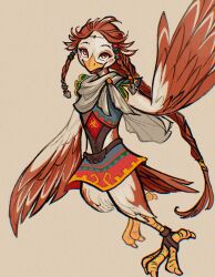 Rule 34 | 1girl, absurdres, aged up, beak, beige background, bird girl, bird legs, bird tail, bird wings, braid, braided sidelock, claws, dress, emilye draws, feathered wings, forehead jewel, full body, harpy, highres, long braid, long hair, looking at viewer, medli, monster girl, nintendo, open mouth, red eyes, red hair, rito, scarf, simple background, skirt, solo, tail, talons, the legend of zelda, the legend of zelda: the wind waker, two-tone wings, waving, wings