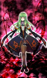 Rule 34 | 1girl, bad id, bad pixiv id, black gloves, bridal garter, brown pantyhose, choker, curly hair, dress, elbow gloves, emeraude (tales), emeraude (tales of graces), gloves, green hair, heterochromia, highres, jewelry, long hair, pantyhose, red eyes, shawa, shoes, sidelocks, smile, solo, striped clothes, striped pantyhose, tales of (series), tales of graces, vertical-striped clothes, vertical-striped pantyhose, yellow eyes