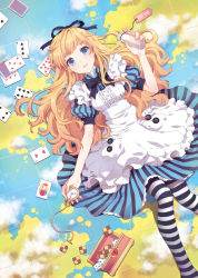 Rule 34 | 1girl, alice (alice in wonderland), alice in wonderland, apron, blonde hair, blue eyes, bow, box, breasts, buttons, candy, card, cookie, dress, food, frills, globe, hair ribbon, jar, joker (playing card), long hair, lying, map, medium breasts, nardack, on back, playing card, pocket watch, ribbon, solo, striped clothes, striped thighhighs, thighhighs, watch