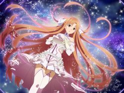 Rule 34 | 1girl, absurdly long hair, armor, armored dress, asuna (stacia), bracelet, breastplate, brown eyes, brown hair, dress, dutch angle, faulds, floating hair, game cg, garter straps, gloves, jewelry, long hair, open mouth, pleated dress, short dress, solo, sword art online, sword art online: alicization rising steel, thighhighs, thighs, very long hair, white armor, white dress, white gloves, white thighhighs