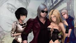 Rule 34 | 2boys, 2girls, absurdres, beard, black gloves, black hair, blonde hair, bloodshot eyes, blue coat, blue eyes, blurry, blurry background, breasts, can, capcom, cleavage, coat, commentary, dante (devil may cry), devil may cry (series), devil may cry 5, drink, english commentary, facial hair, gloves, goggles, green eyes, grey hair, heterochromia, highres, lady (devil may cry), large breasts, long hair, multiple boys, multiple girls, navel, nero (devil may cry), nowayout123, red coat, red eyes, sunglasses, trish (devil may cry), zoom layer
