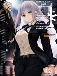 Rule 34 | 1girl, assault rifle, belt, black jacket, black pants, blunt bangs, blurry, blurry background, blush, breasts, buckle, cityscape, closed mouth, collared shirt, commentary, cowboy shot, earrings, english commentary, english text, facial mark, floating hair, german flag, girls&#039; frontline, gloves, green eyes, gun, h&amp;k hk416, heckler &amp; koch, highres, hk416 (girls&#039; frontline), holding, holding gun, holding weapon, jacket, jewelry, large breasts, long hair, looking at viewer, necktie, outdoors, pants, piukute062, rifle, shirt, sidelocks, signature, silver hair, solo, teardrop, very long hair, weapon, white shirt, wind, wind lift