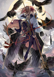 Rule 34 | 1boy, bird, bird wings, crow, fingerless gloves, flying, gloves, holding, holding staff, japanese clothes, looking at viewer, male focus, mask, mask on head, monster boy, no shoes, original, purple legwear, sharp toenails, smile, solo, staff, stirrup legwear, tengu mask, toeless legwear, toenails, wide-eyed, wings, yamakawa