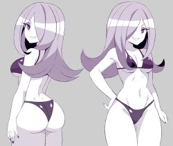 Rule 34 | 1girl, absurdres, abysswatchers, ass, bikini, black bikini, breasts, commission, grey background, grin, hair over one eye, highres, little witch academia, long hair, looking at viewer, medium breasts, multiple views, navel, pale skin, purple eyes, purple hair, purple nails, sharp teeth, simple background, smile, stomach, sucy manbavaran, swimsuit, teeth, wide hips