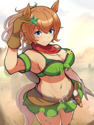 Rule 34 | 1girl, absurdres, animal ears, arm up, armband, armpits, bare shoulders, blue eyes, blush, breasts, brown gloves, brown hair, cleavage, closed mouth, colt single action army, commentary, cowboy shot, crop top, gloves, green armband, green shirt, green skirt, groin, gun, hair between eyes, hair ornament, handgun, hat on back, highres, holstered, horse ears, horse girl, horse tail, houton tamago, large breasts, long hair, looking at viewer, midriff, navel, pleated skirt, ponytail, red scarf, revolver, scarf, sheriff badge, shirt, sidelocks, skirt, sleeveless, sleeveless shirt, smile, solo, standing, star (symbol), star hair ornament, star print, taiki shuttle (umamusume), tail, twitter username, umamusume, weapon
