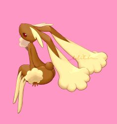 1girl animal_nose arm_at_side artist_name ass back body_fur brown_fur closed_mouth creatures_(company) crossed_legs female_focus from_behind full_body furry furry_female game_freak gen_4_pokemon hand_up happy invisible_chair long_ears looking_at_viewer looking_back lopunny nintendo no_feet pink_background pokemon pokemon_(creature) rabbit_ears rabbit_girl rabbit_tail red_eyes short_tail signature simple_background sitting smile solo tail tongue tongue_out two-tone_fur ur_lilith yellow_fur