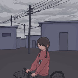 Rule 34 | 1girl, bicycle, bicycle basket, black skirt, braid, brown hair, closed eyes, closed mouth, commentary request, cowboy shot, expressionless, facing viewer, fucca, handlebar, highres, holding, long hair, long sleeves, low twin braids, madotsuki, outdoors, overcast, pink sweater, power lines, print sweater, riding, riding bicycle, shack, skirt, sky, solo, sweater, twin braids, utility pole, village, yume nikki
