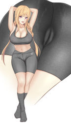 Rule 34 | 1girl, :d, armpits, arms behind head, arms up, ass, ass focus, baji toufuu (bajitohfu), blonde hair, blush, braid, breasts, cameltoe, covered erect nipples, crotch seam, grey legwear, grey shorts, grey sports bra, hair tie, highres, large breasts, long hair, looking at viewer, low twintails, midriff, multiple views, nakiri erina, navel, open mouth, pants, purple eyes, shokugeki no souma, shorts, smile, socks, sports bra, stomach, sweat, teeth, tight clothes, tongue, twin braids, twintails, upper teeth only, wide hips, yoga pants