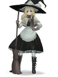 Rule 34 | 1girl, blonde hair, boots, braid, broom, brown eyes, capelet, female focus, gloves, grin, hand on own hip, hat, kirisame marisa, motsuni (artist), perfect cherry blossom, scarf, short hair, smile, solo, striped clothes, striped thighhighs, thighhighs, touhou, witch, witch hat