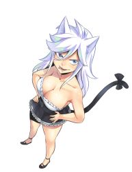 Rule 34 | 1girl, animal ears, blue eyes, breasts, cat ears, eden&#039;s zero, hair between eyes, hands on own hips, highres, large breasts, maid, mashima hiro, pleated skirt, simple background, sister ivry, skirt, solo, tail, twitter, white background, white hair