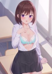 Rule 34 | 1girl, :o, black skirt, blurry, blurry background, blush, bow, bow bra, bra, breasts, chakku illust, cleavage, collarbone, collared shirt, commentary request, depth of field, desk, highres, lace, lace-trimmed bra, lace trim, leaning on table, looking at viewer, medium hair, midriff, open clothes, open shirt, original, pleated skirt, purple eyes, school desk, school uniform, shirt, sidelocks, skirt, small breasts, solo, underwear, white shirt