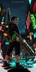 Rule 34 | 1boy, absurdres, apex legends, assault rifle, black hair, black jacket, black shorts, city, cosplay, cyberpunk, from behind, green eyes, gun, hair behind ear, highres, holding, holding gun, holding weapon, horns, jacket, jetpack, male focus, pexsuki, pointy ears, rifle, rkn (gamer), sandals, shorts, single horn, solo, thrusters, torrent (esports), valkyrie (apex legends), valkyrie (apex legends) (cosplay), vk-47 flatline, weapon