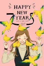 Rule 34 | 1girl, 2017, arms up, bird, blush, brown hair, closed eyes, commentary request, earrings, food-themed earrings, food themed earrings, happy new year, highres, hinao (flowerrabbit2348), jewelry, long hair, long sleeves, nengajou, new year, open mouth, original, parted bangs, pink background, ribbed sweater, simple background, solo, strawberry earrings, sweater, turtleneck, turtleneck sweater, upper body