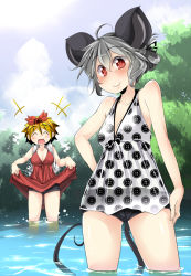 Rule 34 | 2girls, aki (akikaze asparagus), alternate costume, animal ears, bare arms, bare shoulders, blonde hair, blue sky, blush, breasts, brown hair, clothes lift, cloud, day, dress, dress lift, closed eyes, grey hair, hair ornament, in water, laughing, medium breasts, mouse ears, mouse tail, multicolored hair, multiple girls, nazrin, open mouth, outdoors, polka dot, polka dot dress, red dress, red eyes, red skirt, river, see-through, short hair, short shorts, shorts, shorts under skirt, skirt, sky, smile, standing, swimsuit, tail, toramaru shou, touhou, tree, two-tone hair, wading, white dress