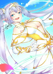 Rule 34 | 1girl, arm guards, bare shoulders, belt, blue eyes, blue sky, blush, breasts, britomart (fate), britomart (second ascension) (fate), capelet, center opening, cleavage, double bun, dress, elbow gloves, fate/grand order, fate (series), gloves, gold trim, grey hair, hair bun, hairband, highres, large breasts, long hair, looking at viewer, open mouth, pants, pointy ears, sky, smile, solo, taut clothes, taut dress, twintails, very long hair, white capelet, white dress, white gloves, white pants, zinku0206