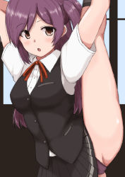 Rule 34 | 1girl, ahoge, alumina1863, arms up, black skirt, black vest, blouse, brown eyes, commentary request, cowboy shot, hagikaze (kancolle), kantai collection, long hair, looking at viewer, neck ribbon, one side up, panties, pleated skirt, purple hair, purple panties, red ribbon, ribbon, school uniform, shirt, skirt, solo, split, standing, standing on one leg, standing split, underwear, vest, white shirt, window