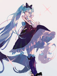 Rule 34 | 1girl, absurdly long hair, bare shoulders, black bow, black dress, black footwear, blue bow, blue hair, boots, bow, breasts, collared shirt, cube, dress, eyebrows hidden by hair, frilled dress, frills, gloves, grey background, grey eyes, hair between eyes, hair bow, hatsune miku, knee boots, long hair, magical mirai miku, magical mirai miku (2016), mamenomoto, shirt, simple background, sleeveless, sleeveless dress, small breasts, solo, sparkle, twintails, very long hair, vocaloid, white gloves, white shirt