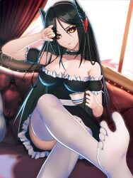 Rule 34 | 1girl, absurd fox, absurdres, alternate costume, arknights, bare shoulders, black hair, breasts, cleavage, cup, demon girl, demon horns, hair between eyes, hand up, highres, holding, holding cup, horns, ines (arknights), large breasts, long hair, looking at viewer, maid, sitting, solo, thighhighs, white thighhighs, yellow eyes