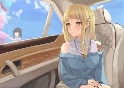 Rule 34 | 1girl, absurdres, alternate hair color, bang dream!, barbell piercing, bare shoulders, black nails, blonde hair, blue sky, blurry, blurry background, breasts, car interior, closed mouth, cloud, commission, cowboy shot, day, ear piercing, earrings, gold necklace, hand on own thigh, highres, jewelry, long hair, looking to the side, medium breasts, michelle (bang dream!), multicolored hair, nail polish, necklace, off-shoulder jacket, off shoulder, pendant, piercing, pixiv commission, plug (piercing), ring, shaketarako, shirt, shoulder tattoo, sidelocks, sitting, sky, sleeveless, sleeveless shirt, smile, smoking pipe, solo focus, streaked hair, stud earrings, tattoo, tsurumaki kokoro, white shirt, yellow eyes