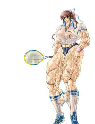 Rule 34 | 1girl, abs, blush, breasts, extreme muscles, female focus, highres, muscular, panties, racket, s20k00y, see-through, simple background, solo, tennis racket, underwear, veins, white background