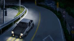 Rule 34 | absurdres, car, driving, from above, headlight, highres, initial d, laing, motor vehicle, night, no humans, solo, toyota, toyota sprinter trueno, vehicle focus