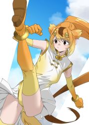 Rule 34 | 1girl, animal ears, anklet, blonde hair, blue sky, blush, bracelet, brown eyes, brown hair, circlet, clenched hands, cloud, elbow gloves, frilled leotard, frills, gloves, gold trim, golden snub-nosed monkey (kemono friends), gradient gloves, gradient legwear, gradient leotard, hair between eyes, highres, jewelry, kemono friends, kicking, leotard, long hair, monkey ears, monkey girl, monkey tail, multicolored hair, orange gloves, orange hair, orange thighhighs, ponytail, sidelocks, sky, solo, tail, tanabe (fueisei), thighhighs, two-tone gloves, two-tone leotard, two-tone thighhighs, white leotard, yellow gloves, yellow leotard, yellow thighhighs