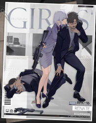 Rule 34 | 1girl, 2boys, barcode, beard, behind another, black footwear, blood, blood on clothes, blood on hands, blue jacket, blue pants, breasts, brown hair, business suit, character name, choker, closed eyes, commentary, copyright name, dress shoes, english commentary, facial hair, finger on trigger, formal, full body, girls&#039; frontline, grey hair, gun, h&amp;k mp7, half-closed eyes, henchmen, high heels, highres, holding, jacket, large breasts, leaning forward, light machine gun, long skirt, long sleeves, multiple boys, mustache, no socks, office lady, official alternate costume, official art, on ground, open hand, open mouth, pants, paperclip, parted lips, personal defense weapon, promotional art, purple shirt, rpk-16, rpk-16 (girls&#039; frontline), rpk-16 (renate) (girls&#039; frontline), second-party source, shirt, shoes, short hair, skirt, socks, standing, standing on another&#039;s hand, strangling, submachine gun, suit, teeth, very short hair, weapon, white choker, white jacket, white shirt, white skirt, white socks