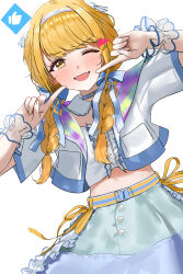 Rule 34 | 1girl, ;d, absurdres, blonde hair, blush, braid, center frills, crop top, cropped jacket, detached collar, fang, fingers to cheeks, frilled wristband, frills, fujita kotone, gakuen idolmaster, heart, highres, idol clothes, idolmaster, long hair, looking at viewer, midriff, one eye closed, open mouth, pdal (pdalhhh), short sleeves, simple background, skin fang, smile, solo, thumbs up emoji, twin braids, white background, yellow eyes
